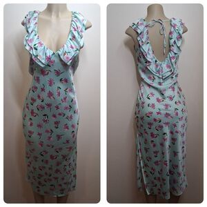 Zara Floral Satin Midi Dress Medium Plunge Neckline Exposes Back